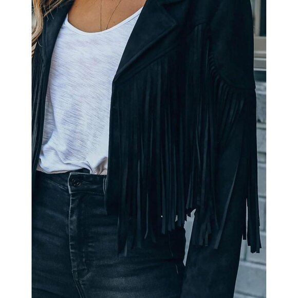 Women's Black Trendy Fall Western Fringe Cropped Faux Suede Leather Jackets - Picture 6 of 6